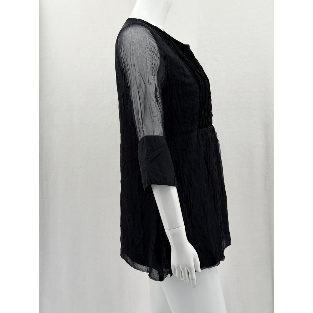 Gretchen Scott Top Womens Medium Black Pintuck Pleated Sheer Sleeve Witchy Tunic - Picture 3 of 12